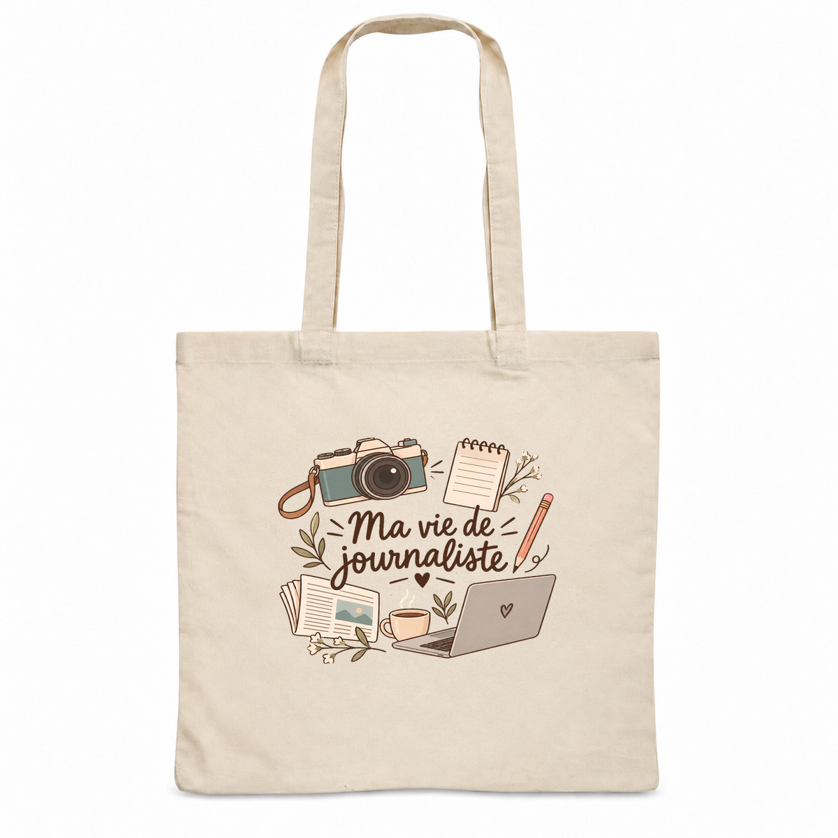 Tote bag journaliste « Ma vie de journaliste » Essentiel, sac plat en coton naturel 140 g/m² de 38 × 42 cm, illustration bohème d'un appareil photo, d'un bloc-notes, d'un journal et d'un ordinateur