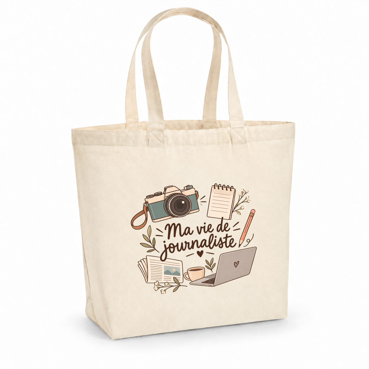 Tote bag journaliste « Ma vie de journaliste » Premium, cabas à soufflet en coton naturel 200 g/m² de 18 litres, illustration bohème d'un appareil photo, d'un bloc-notes, d'un journal et d'un ordinateur