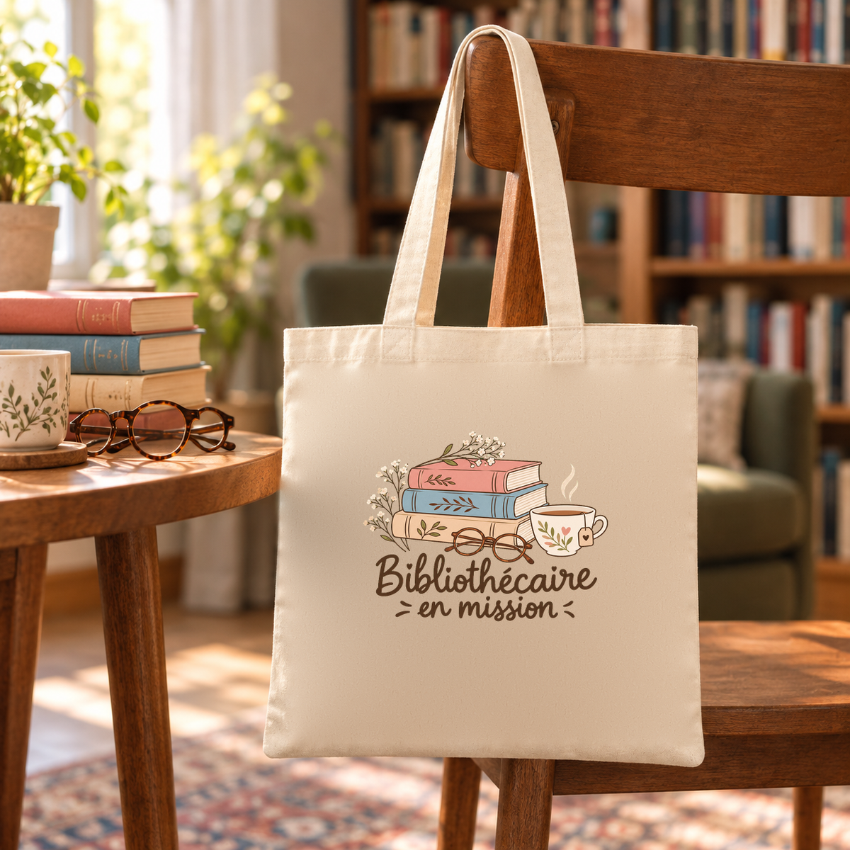 Tote bag bibliothécaire « Bibliothécaire en mission » Essentiel suspendu à une chaise entre les rayonnages, à côté d'une pile de livres