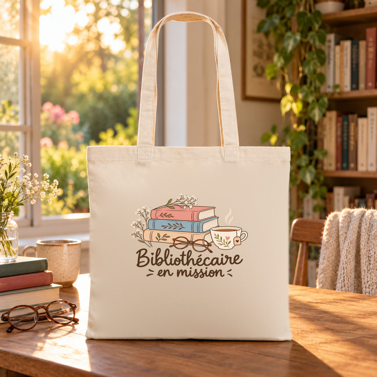 Tote bag bibliothécaire « Bibliothécaire en mission » Essentiel posé sur une table près d'une fenêtre ensoleillée, à côté de livres