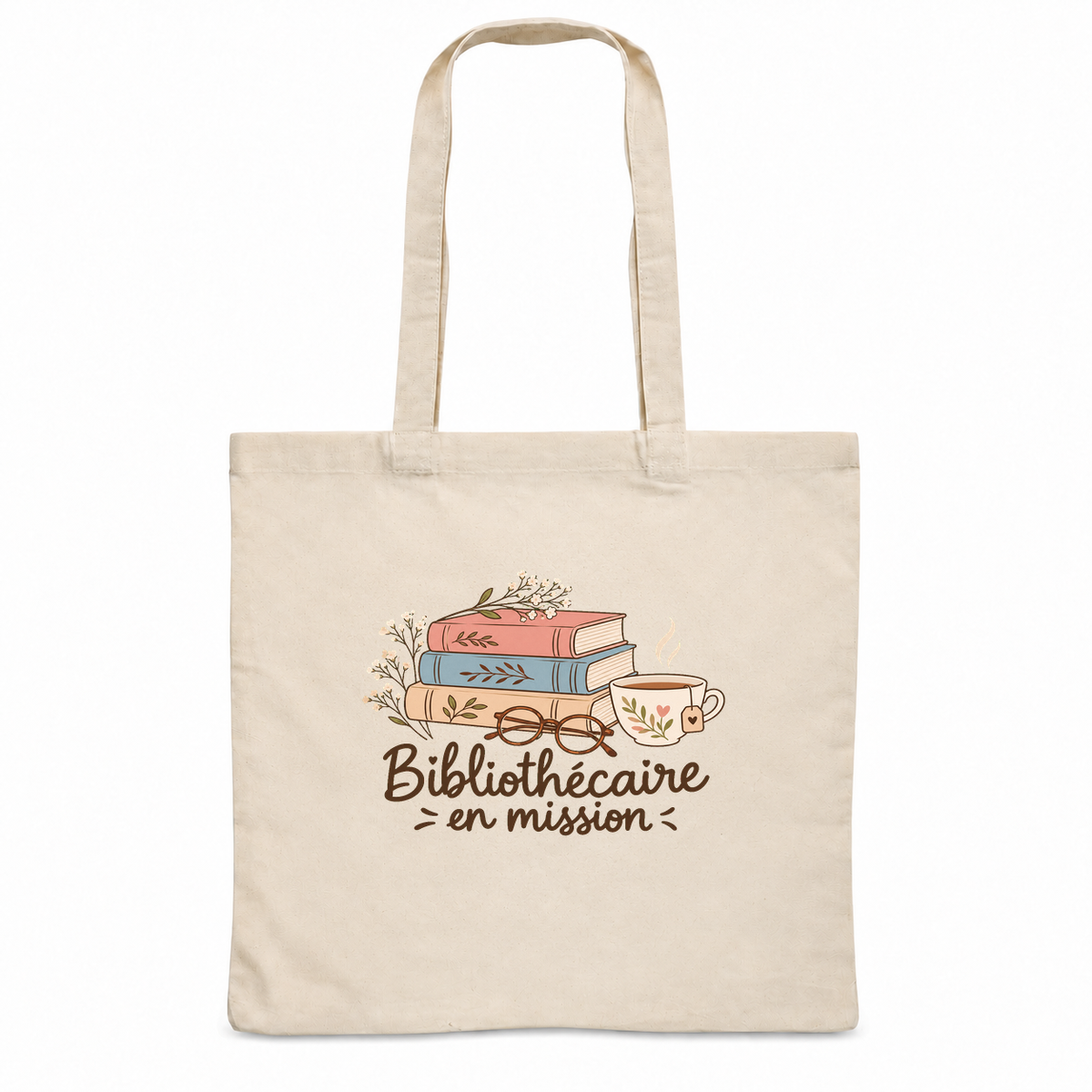 Tote bag bibliothécaire « Bibliothécaire en mission » Essentiel, sac plat en coton naturel 140 g/m² de 38 × 42 cm, illustration bohème d'une pile de livres, d'une paire de lunettes et d'une tasse de thé