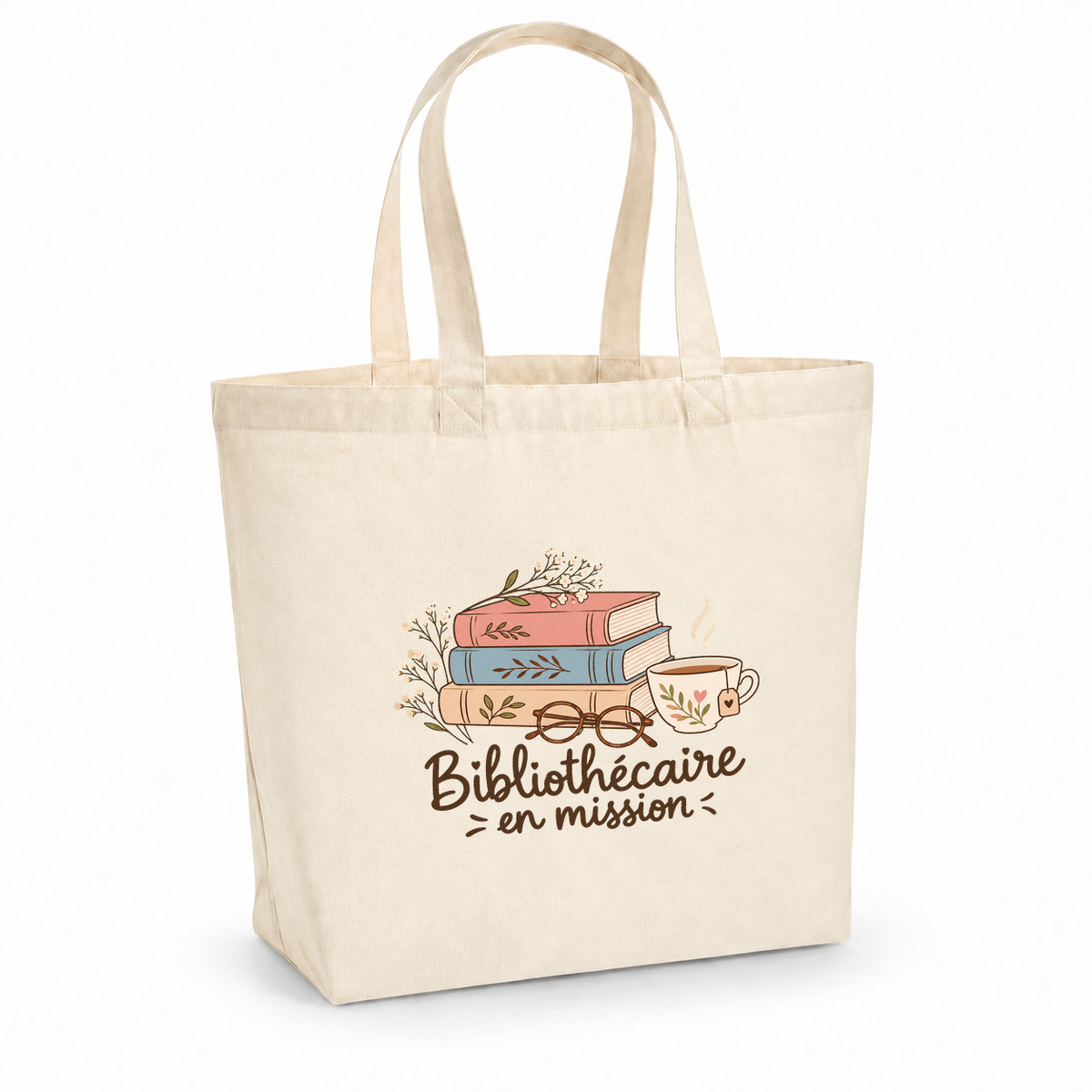 Tote bag bibliothécaire « Bibliothécaire en mission » Premium, cabas à soufflet en coton naturel 200 g/m² de 18 litres, illustration bohème d'une pile de livres, d'une paire de lunettes et d'une tasse de thé