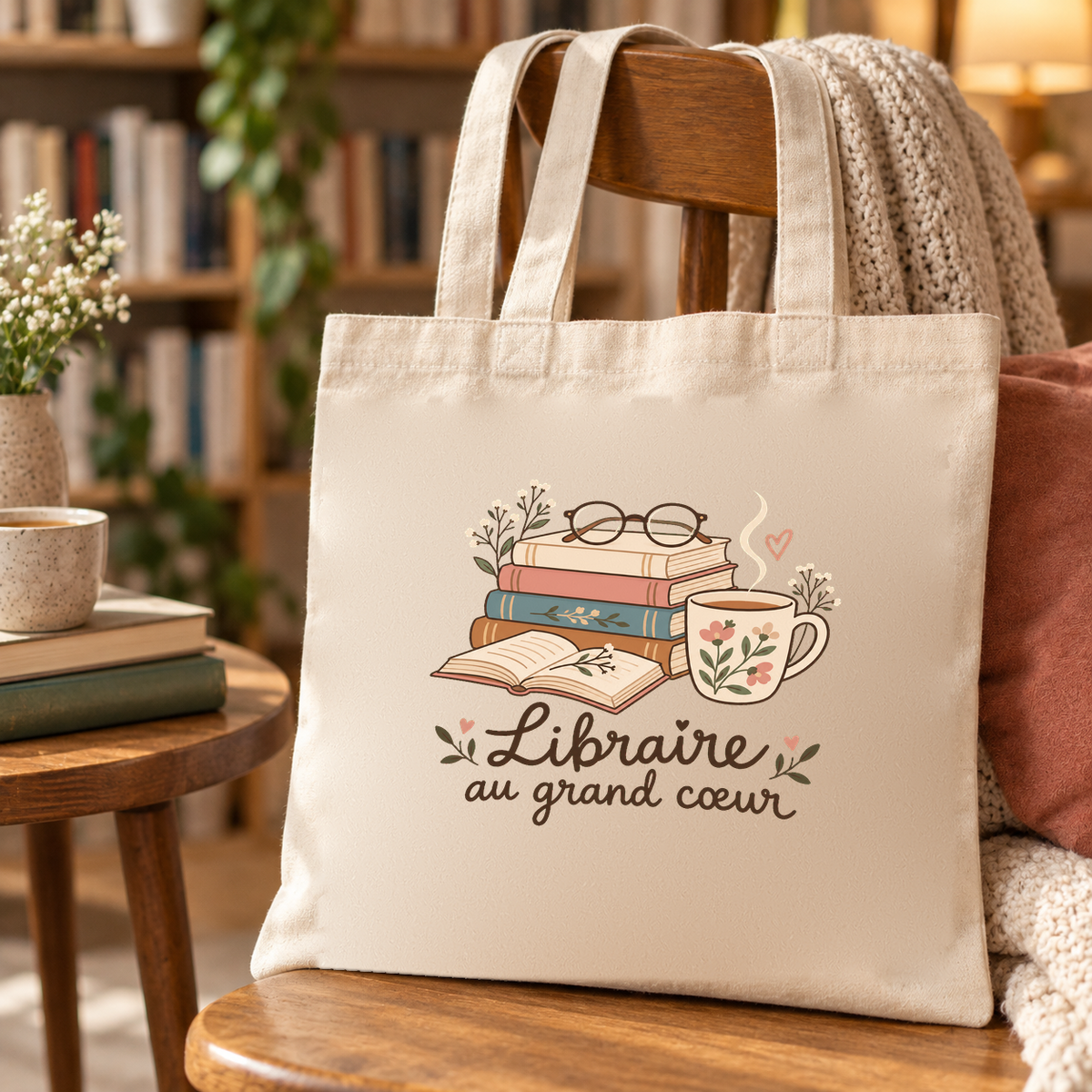 Tote bag libraire « Libraire au grand cœur » Essentiel posé sur une table de la librairie, à côté d'un livre ouvert