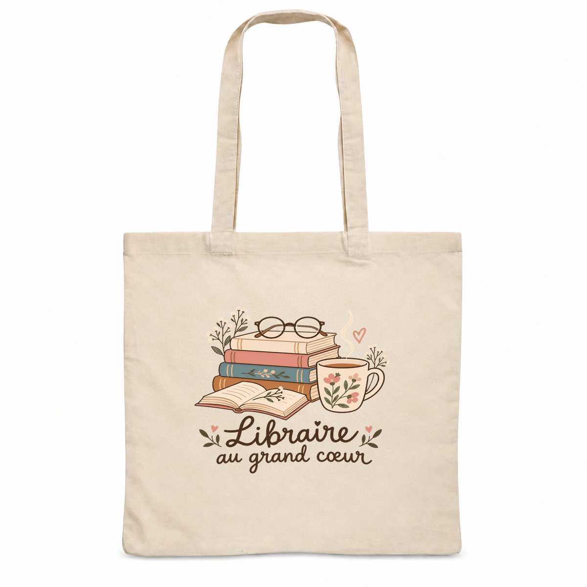 Tote bag libraire « Libraire au grand cœur » Essentiel, sac plat en coton naturel 140 g/m² de 38 × 42 cm, illustration bohème d'une pile de livres, d'une paire de lunettes et d'une tasse de thé
