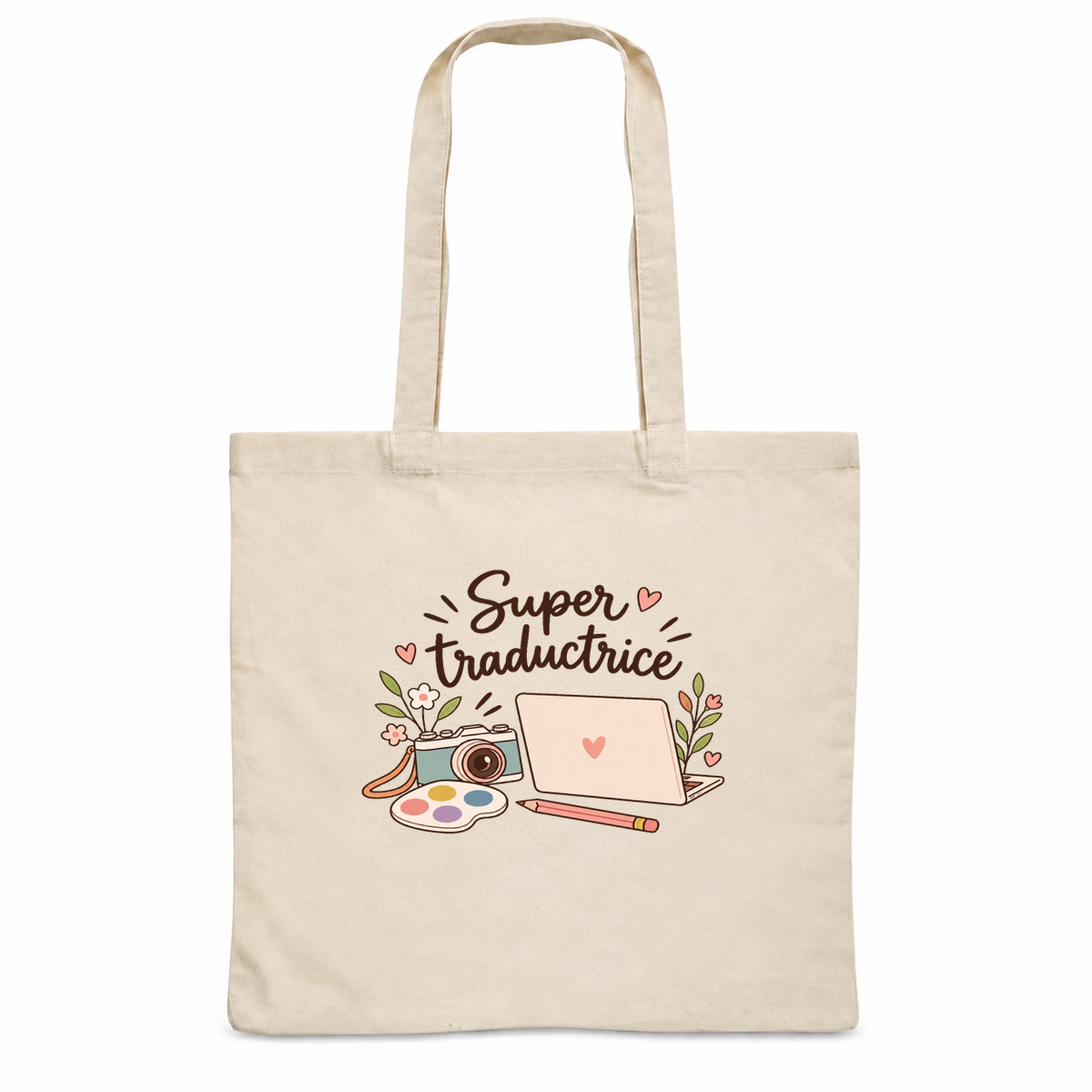 Tote bag traductrice « Super traductrice » Essentiel, sac plat en coton naturel 140 g/m² de 38 × 42 cm, illustration bohème d'un appareil photo, d'un ordinateur portable, d'un crayon et d'une palette