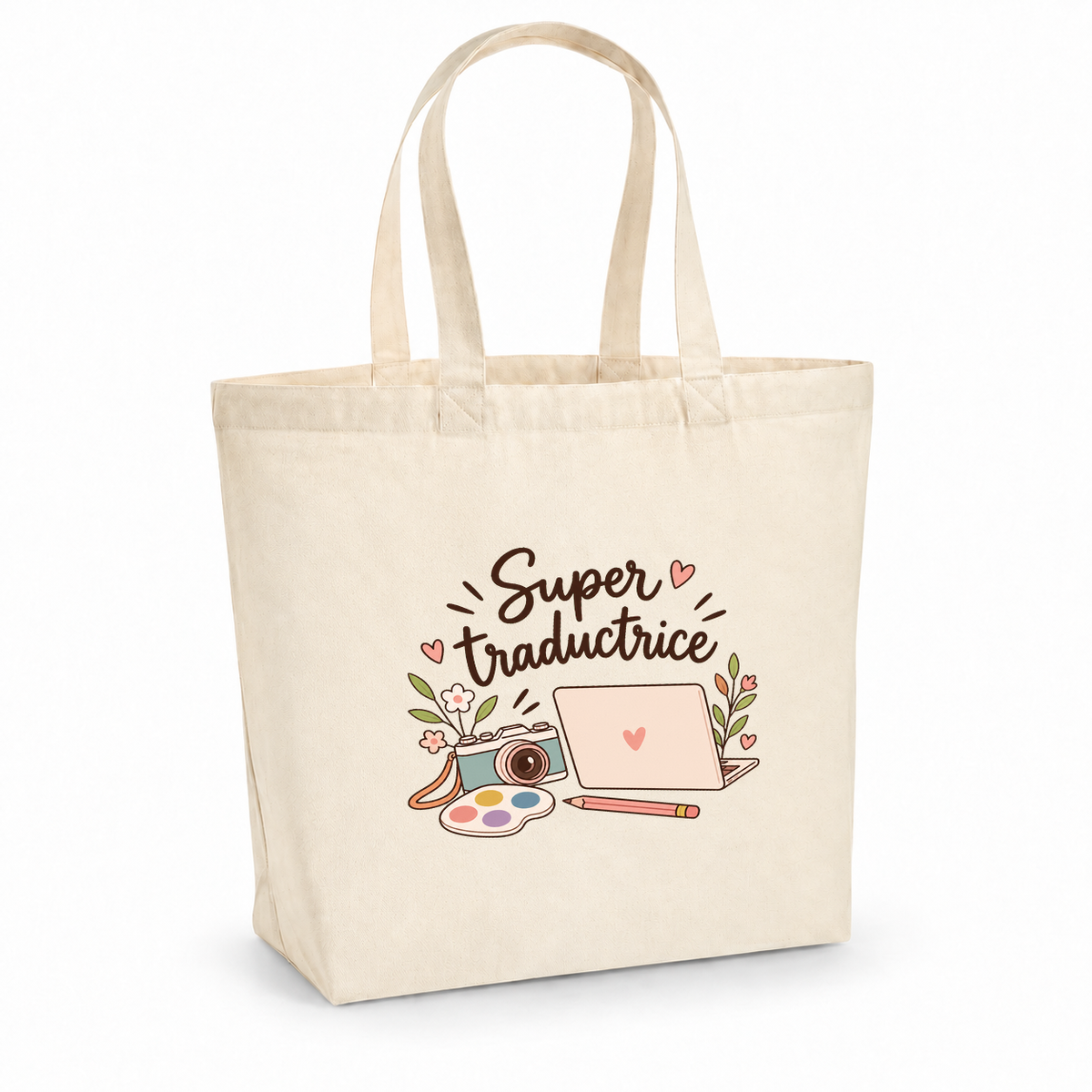 Tote bag traductrice « Super traductrice » Premium, cabas à soufflet en coton naturel 200 g/m² de 18 litres, illustration bohème d'un appareil photo, d'un ordinateur portable, d'un crayon et d'une palette
