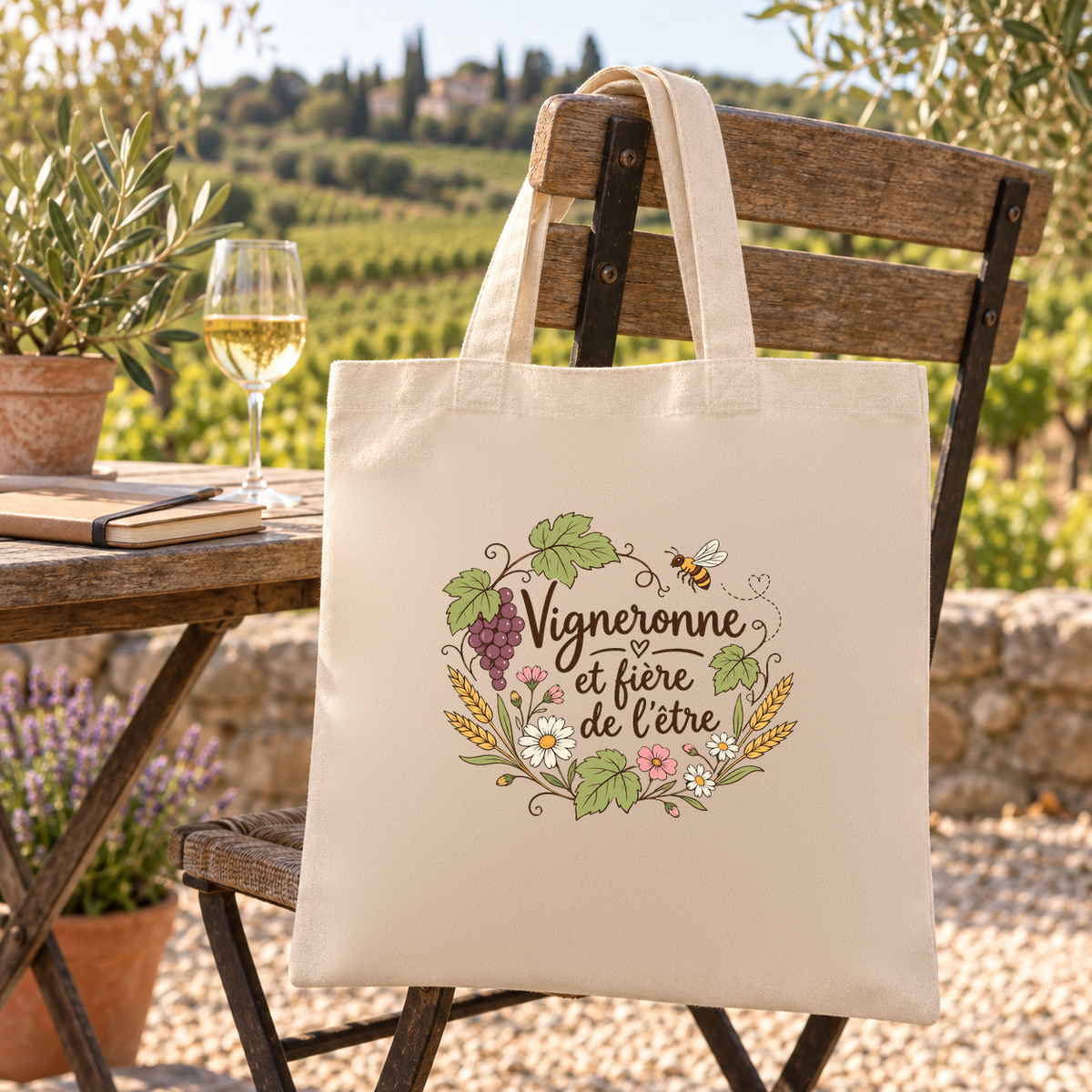 Tote bag vigneronne « Vigneronne et fière de l'être » Essentiel suspendu à une chaise de terrasse face aux vignes