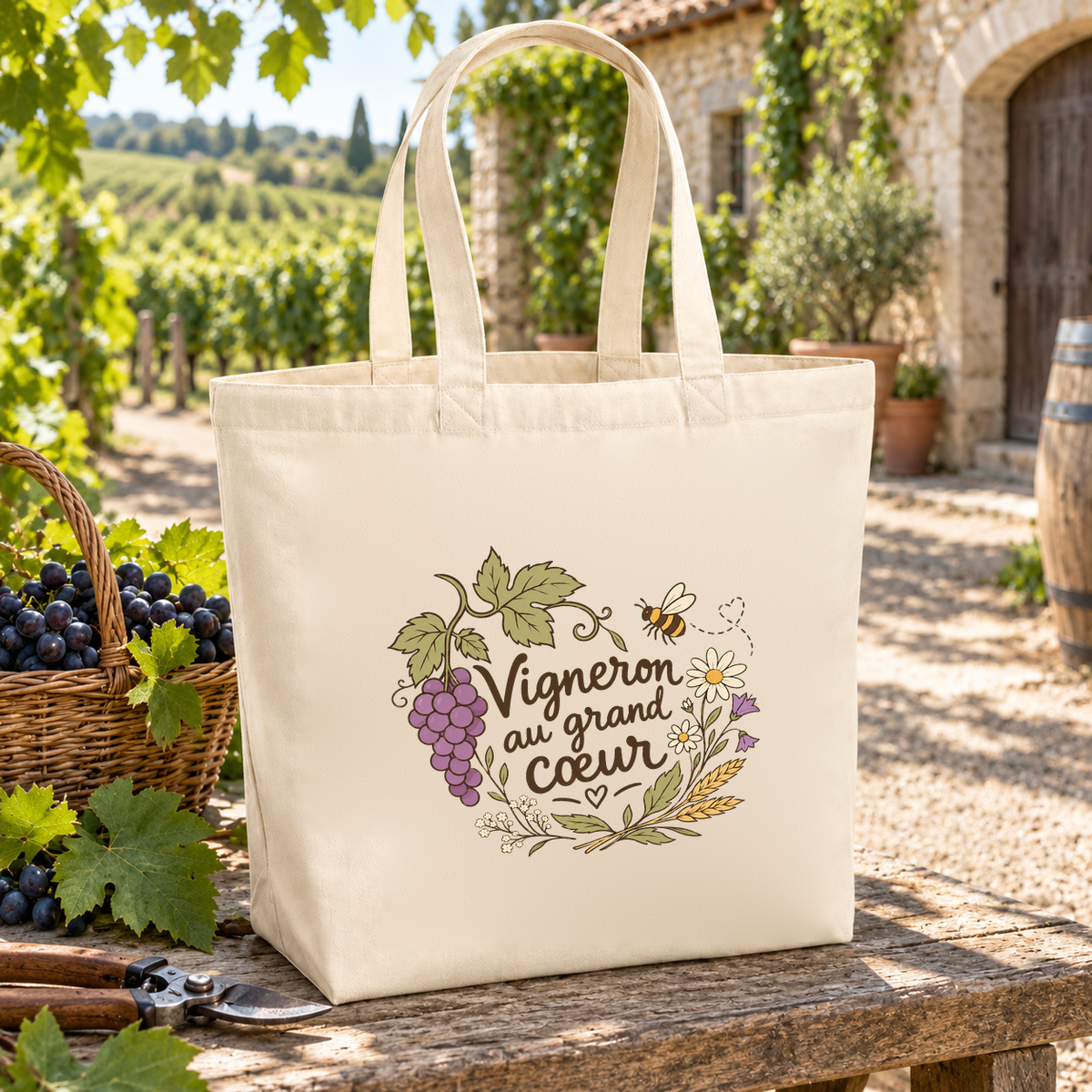 Tote bag vigneron « Vigneron au grand cœur » Premium posé sur une table en bois, à côté d'un panier de raisins