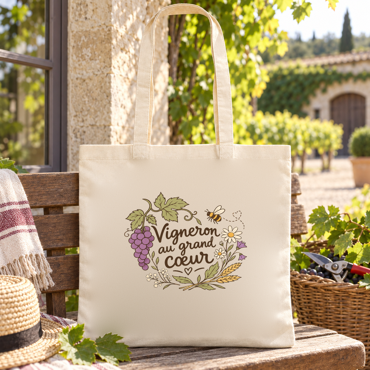 Tote bag vigneron « Vigneron au grand cœur » Essentiel posé sur un banc au soleil, à côté d'un panier de raisins