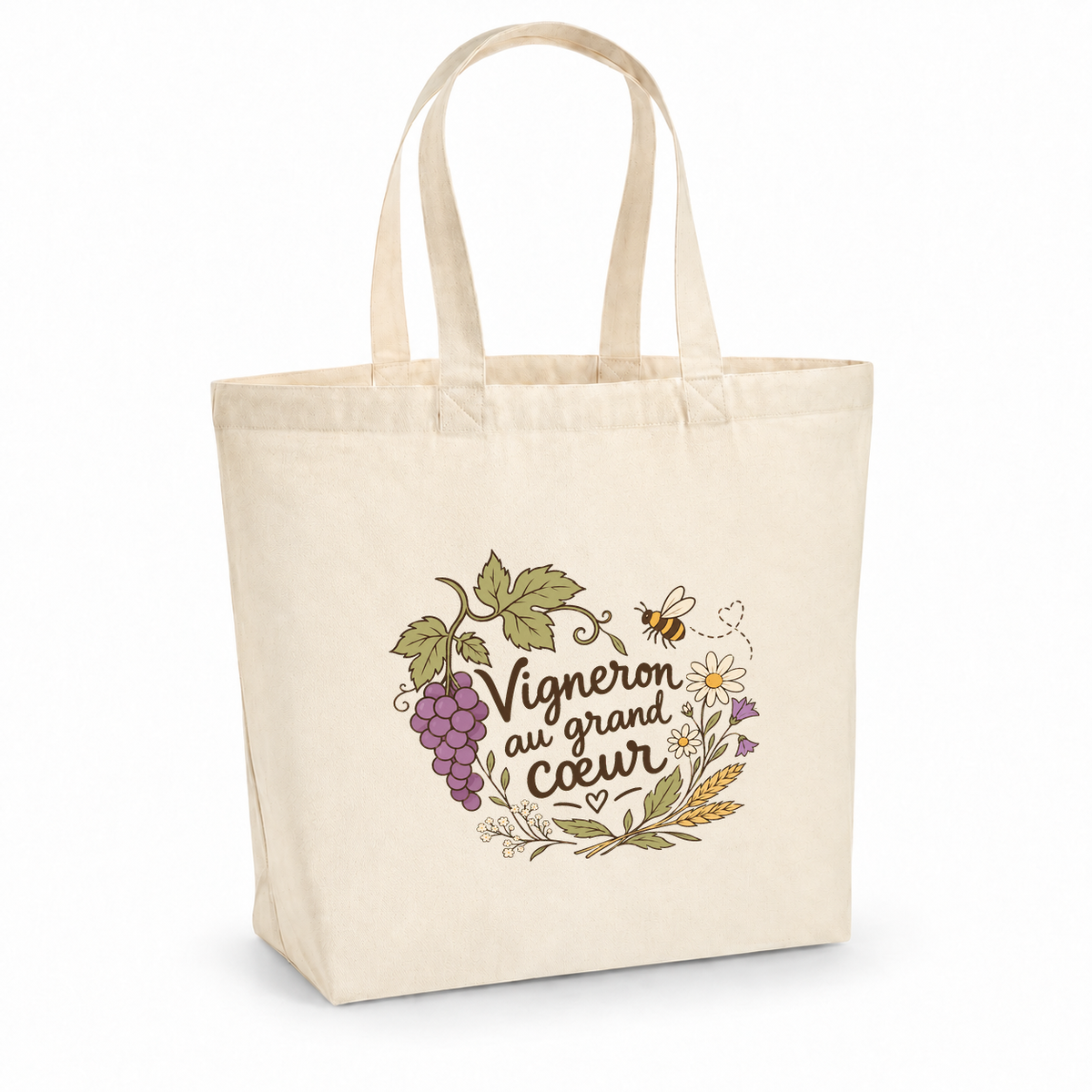 Tote bag vigneron « Vigneron au grand cœur » Premium, cabas à soufflet en coton naturel 200 g/m² de 18 litres, illustration bohème d'une grappe de raisin, de feuilles de vigne et d'une abeille