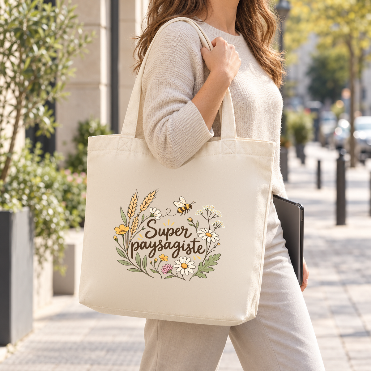 Tote bag paysagiste « Super paysagiste » Premium porté à l'épaule dans la rue, un carnet sous le bras