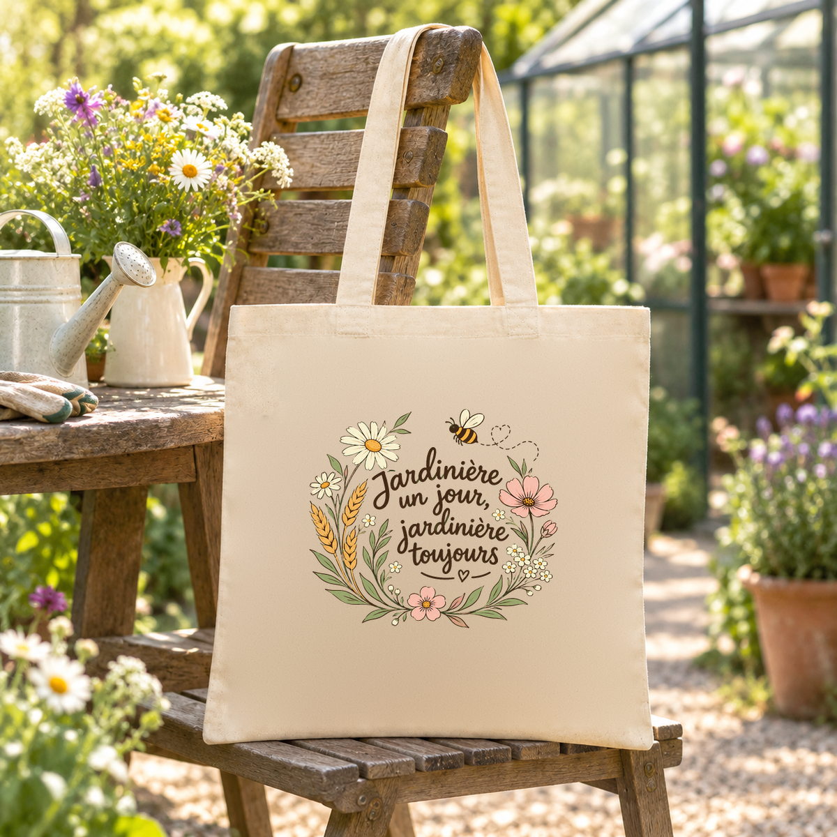 Tote bag jardinière « Jardinière un jour, jardinière toujours » Essentiel suspendu à une chaise devant une serre, à côté d'un arrosoir