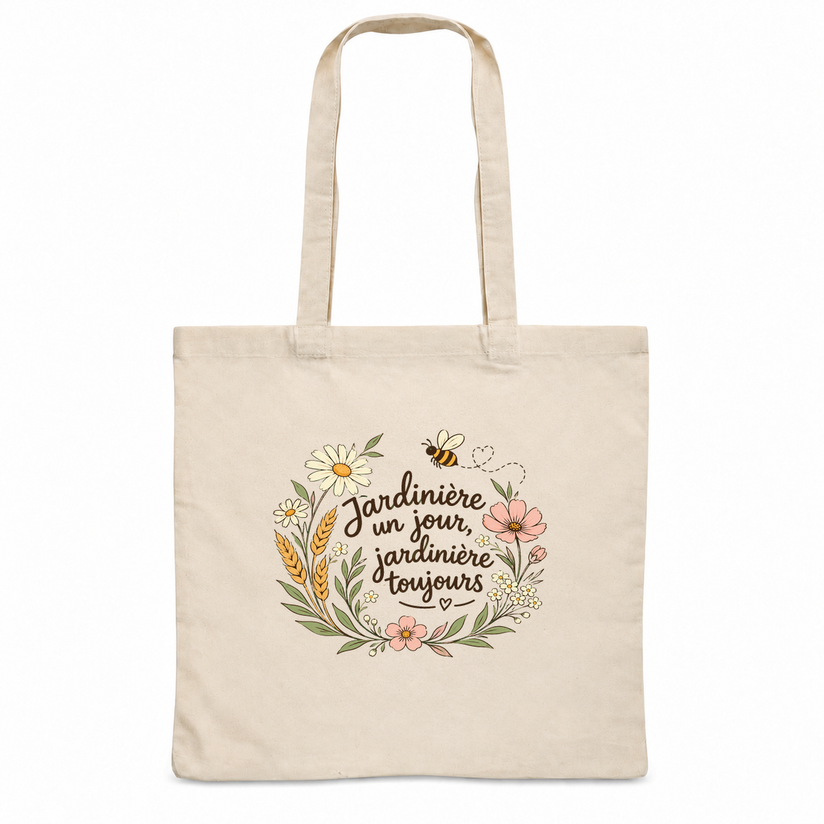 Tote bag jardinière « Jardinière un jour, jardinière toujours » Essentiel, sac plat en coton naturel 140 g/m² de 38 × 42 cm, illustration bohème de fleurs des champs, d'épis de blé et d'une abeille