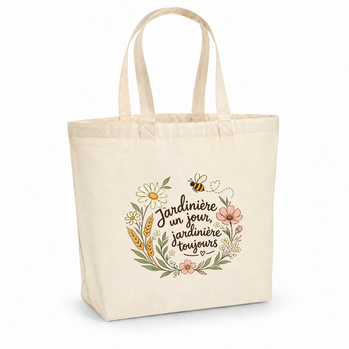 Tote bag jardinière « Jardinière un jour, jardinière toujours » Premium, cabas à soufflet en coton naturel 200 g/m² de 18 litres, illustration bohème de fleurs des champs, d'épis de blé et d'une abeille