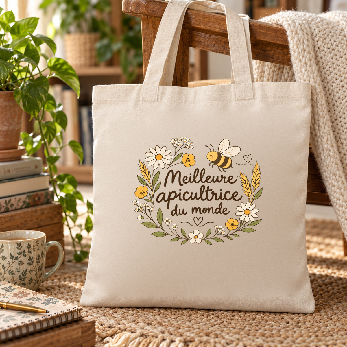 Tote bag apicultrice « Meilleure apicultrice du monde » Essentiel posé sur un fauteuil près d'une fenêtre, à côté d'un mug