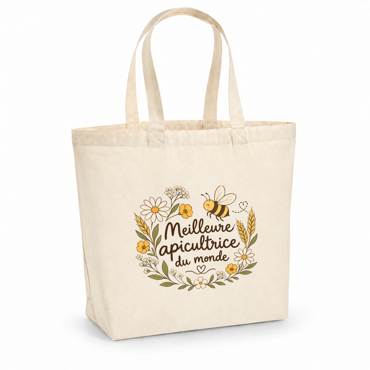 Tote bag apicultrice « Meilleure apicultrice du monde » Premium, cabas à soufflet en coton naturel 200 g/m² de 18 litres, illustration bohème d'une abeille, de marguerites et d'épis de blé