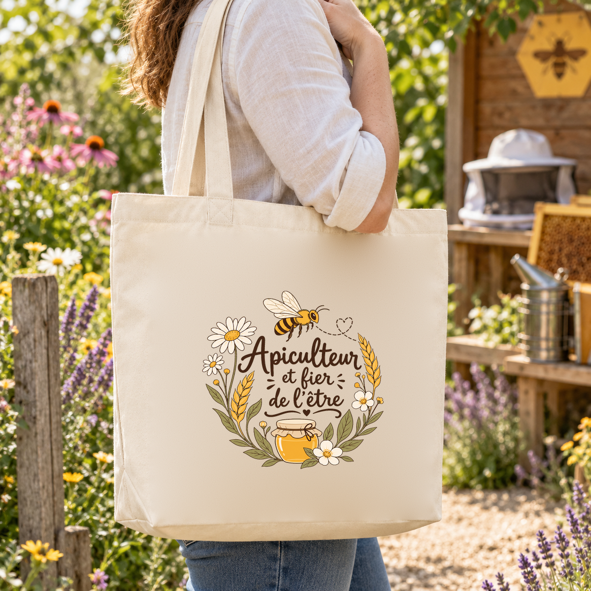 Tote bag apiculteur « Apiculteur et fier de l'être » Premium porté à l'épaule dans un rucher fleuri