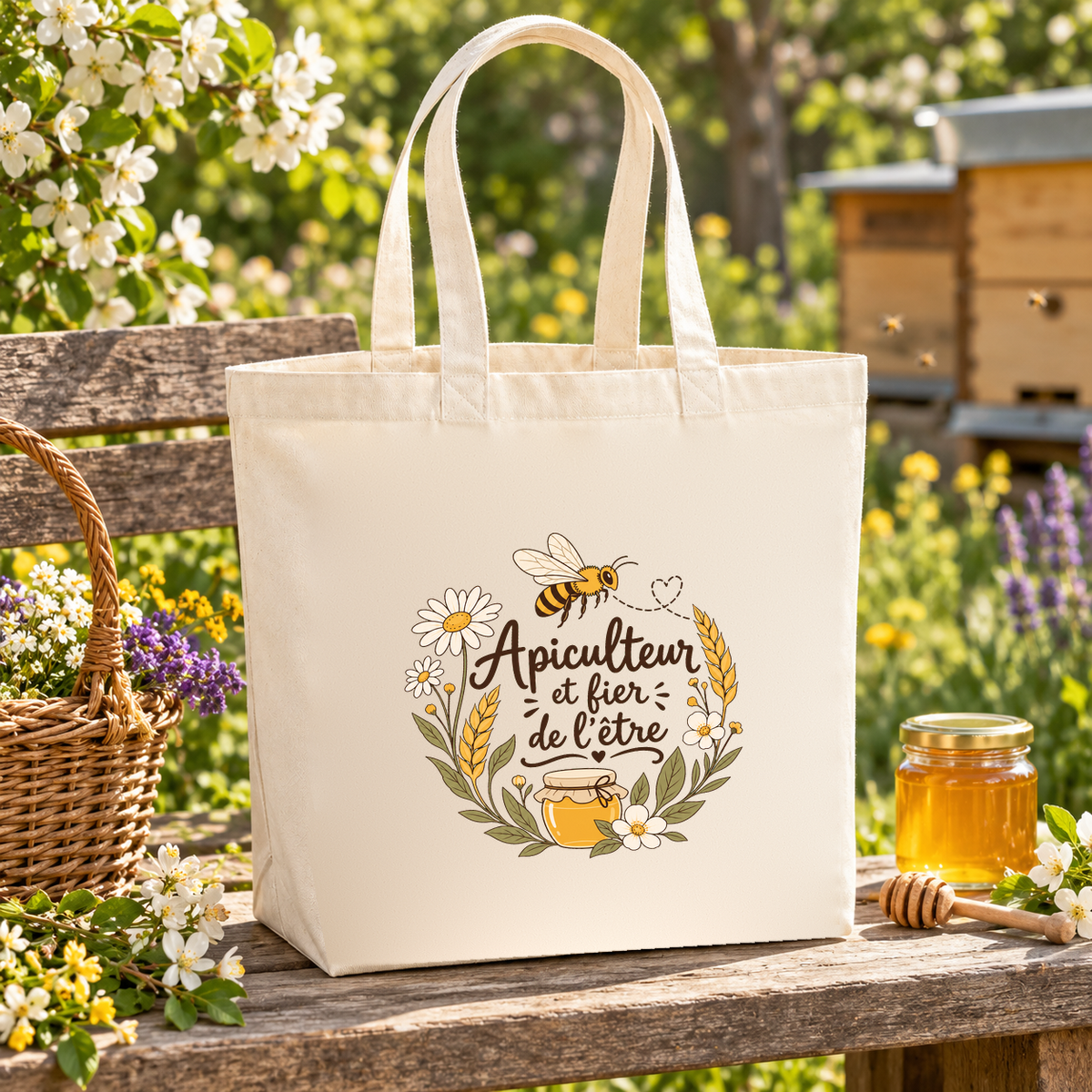 Tote bag apiculteur « Apiculteur et fier de l'être » Premium posé sur une table en bois au rucher, à côté d'un pot de miel