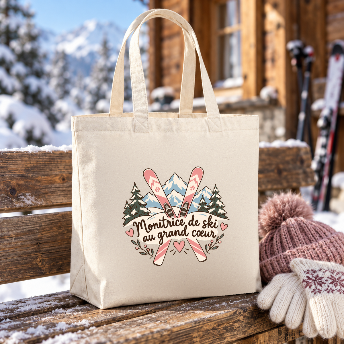 Tote bag monitrice de ski « Monitrice de ski au grand cœur » Premium posé sur un banc enneigé, à côté d'un bonnet et de gants