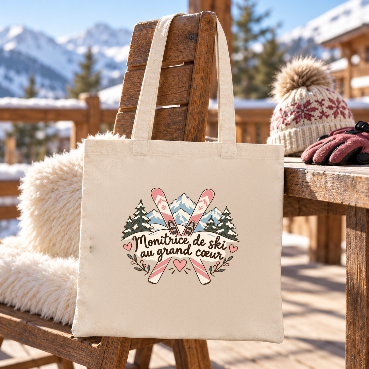 Tote bag monitrice de ski « Monitrice de ski au grand cœur » Essentiel suspendu à une chaise sur la terrasse d'un chalet, à côté d'un bonnet