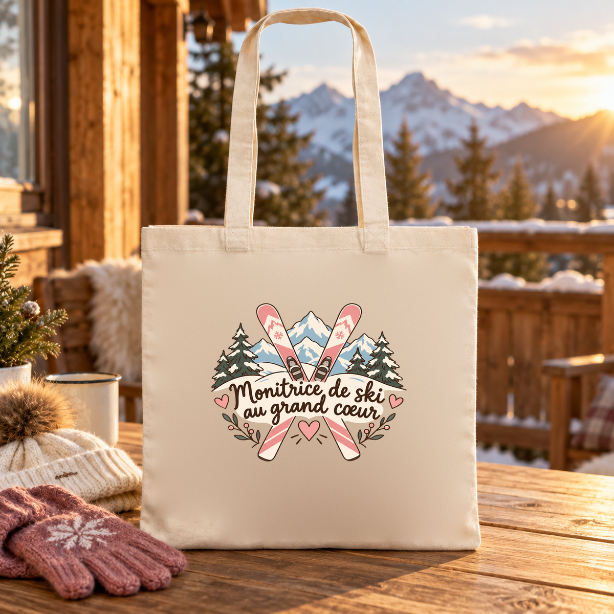 Tote bag monitrice de ski « Monitrice de ski au grand cœur » Essentiel posé sur une table de terrasse face aux sommets, au coucher du soleil