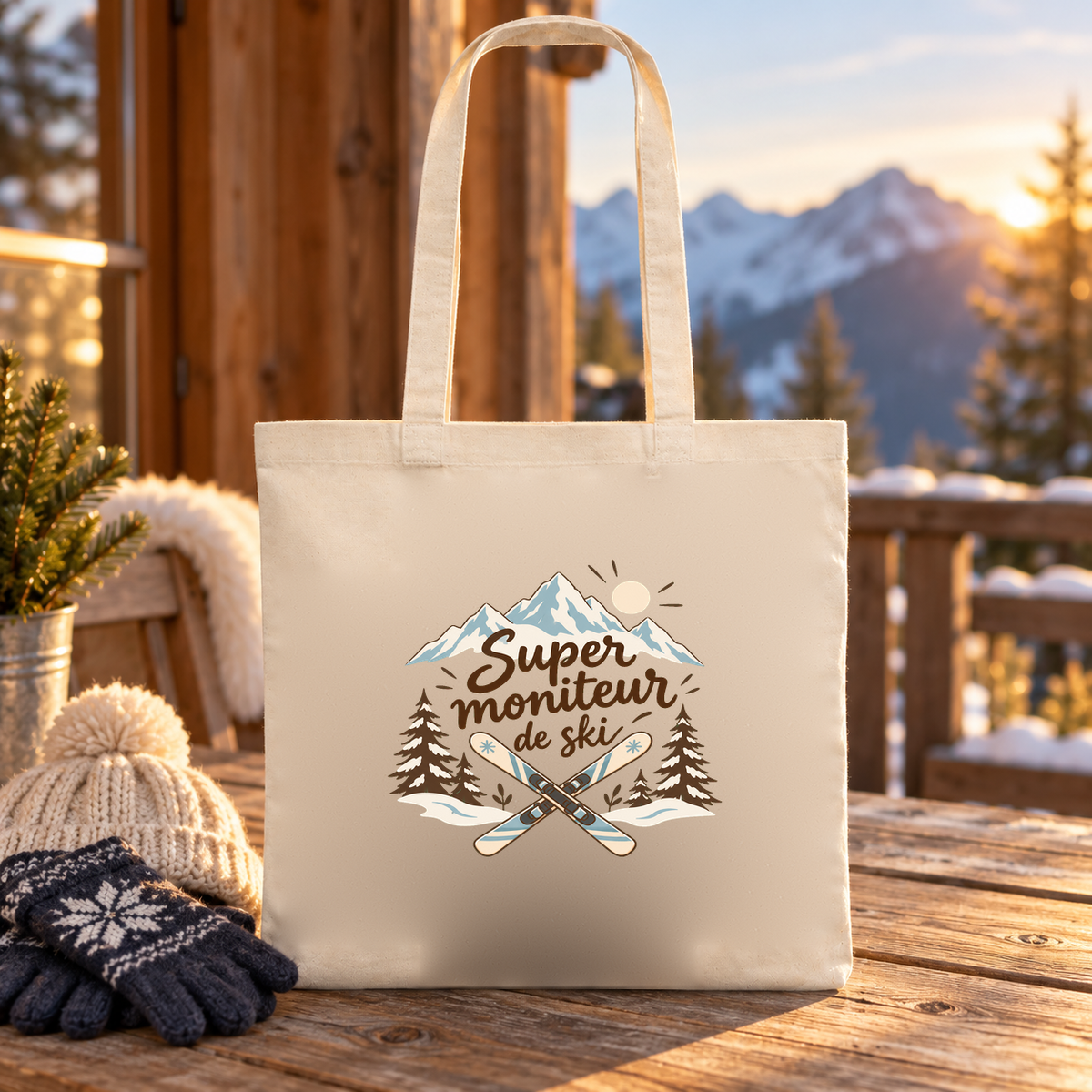 Tote bag moniteur de ski « Super moniteur de ski » Essentiel posé sur une table de terrasse face aux sommets, au coucher du soleil