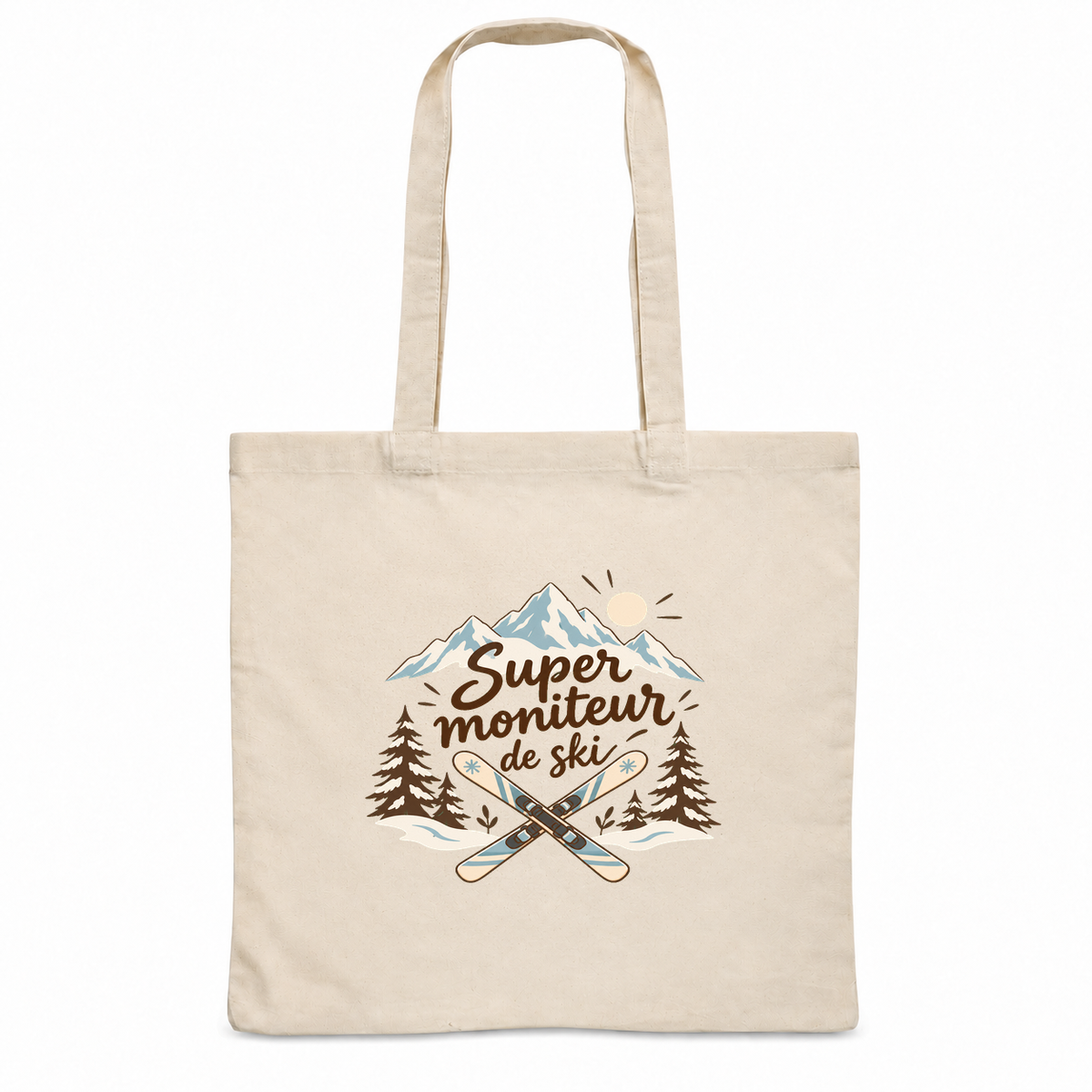 Tote bag moniteur de ski « Super moniteur de ski » Essentiel, sac plat en coton naturel 140 g/m² de 38 × 42 cm, illustration bohème de skis croisés, de sommets enneigés et de sapins