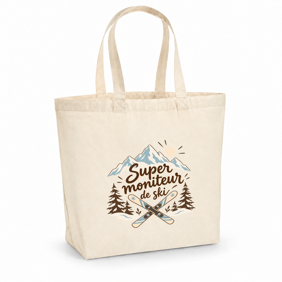 Tote bag moniteur de ski « Super moniteur de ski » Premium, cabas à soufflet en coton naturel 200 g/m² de 18 litres, illustration bohème de skis croisés, de sommets enneigés et de sapins