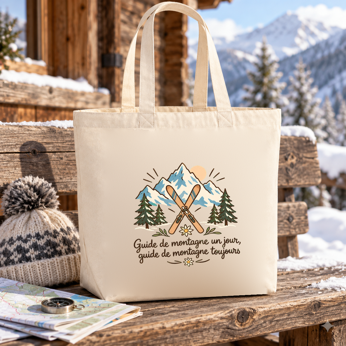 Tote bag guide de montagne Premium posé sur un banc de chalet, à côté d'un bonnet et d'une carte