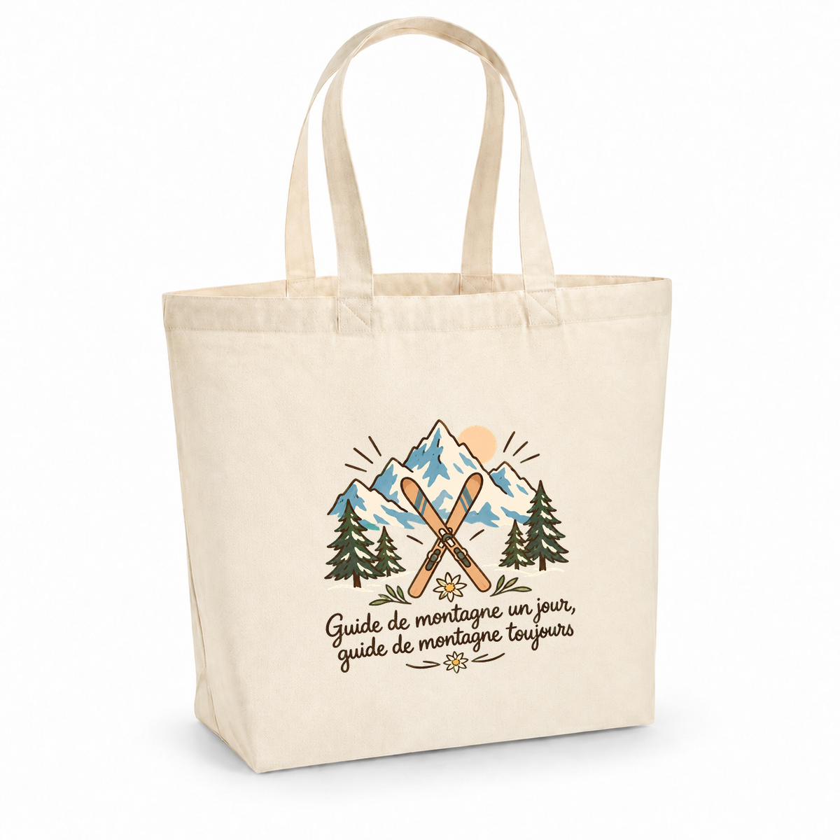 Tote bag guide de montagne Premium, cabas à soufflet en coton naturel 200 g/m² de 18 litres, illustration bohème de sommets enneigés, de skis croisés, de sapins et d'un edelweiss
