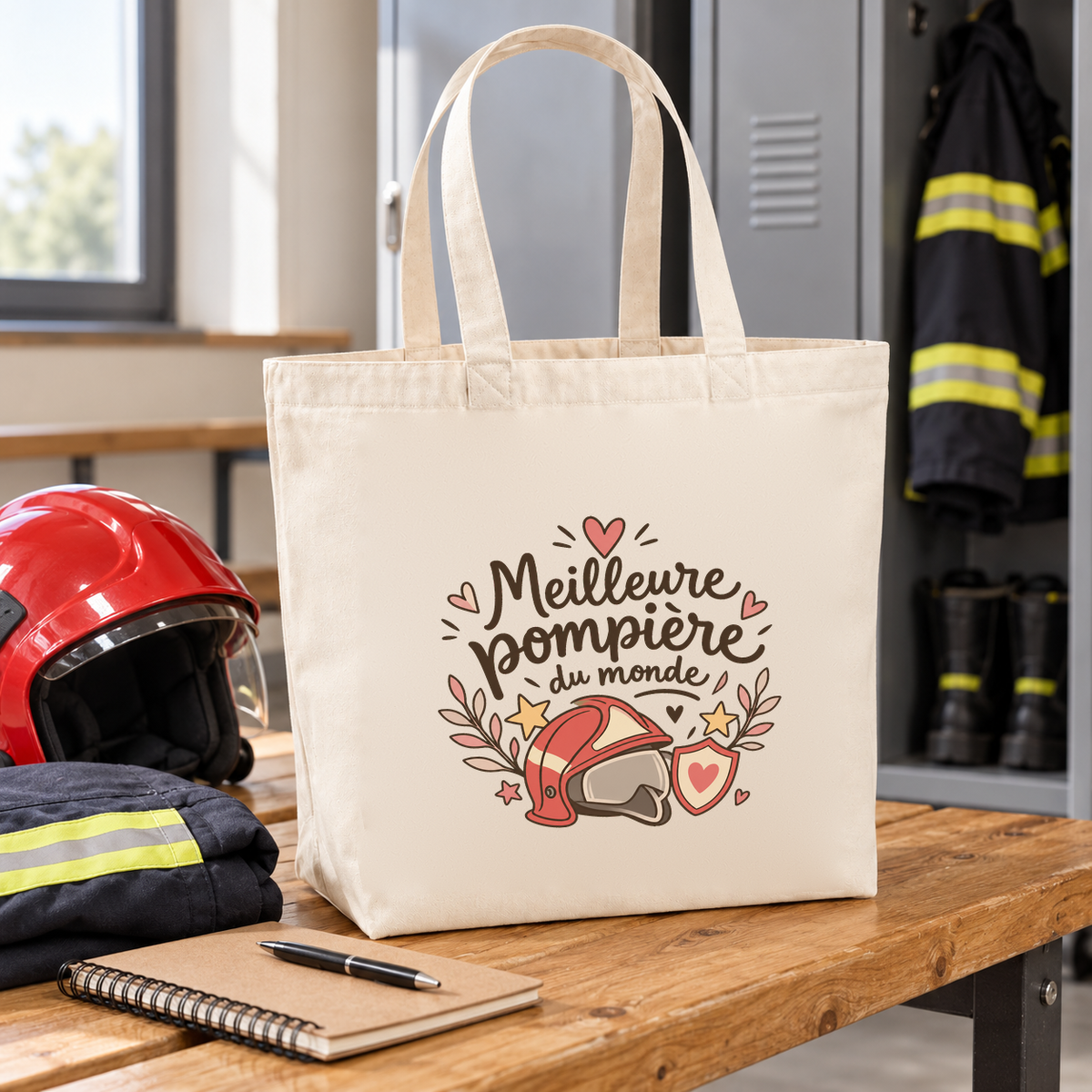 Tote bag pompière « Meilleure pompière du monde » Premium posé sur une table de la caserne, à côté d'un casque et d'un carnet