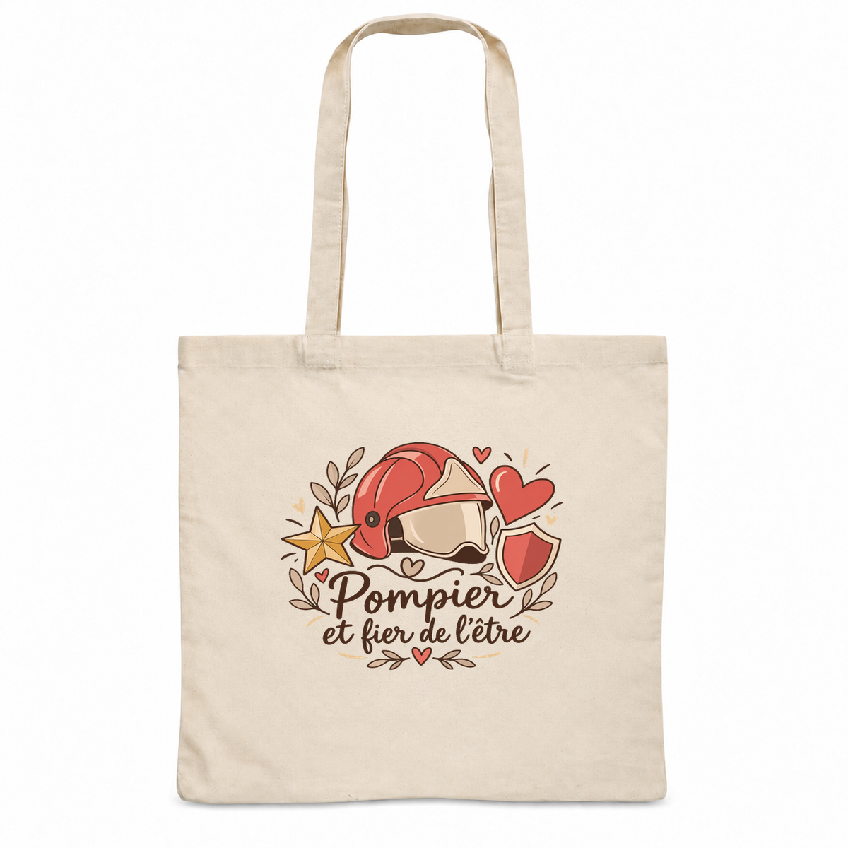 Tote bag pompier « Pompier et fier de l'être » Essentiel, sac plat en coton naturel 140 g/m² de 38 × 42 cm, illustration bohème d'un casque de pompier, d'un cœur, d'une étoile et d'un bouclier