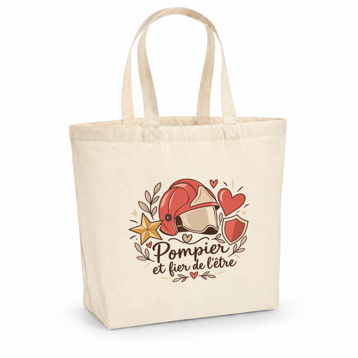 Tote bag pompier « Pompier et fier de l'être » Premium, cabas à soufflet en coton naturel 200 g/m² de 18 litres, illustration bohème d'un casque de pompier, d'un cœur, d'une étoile et d'un bouclier