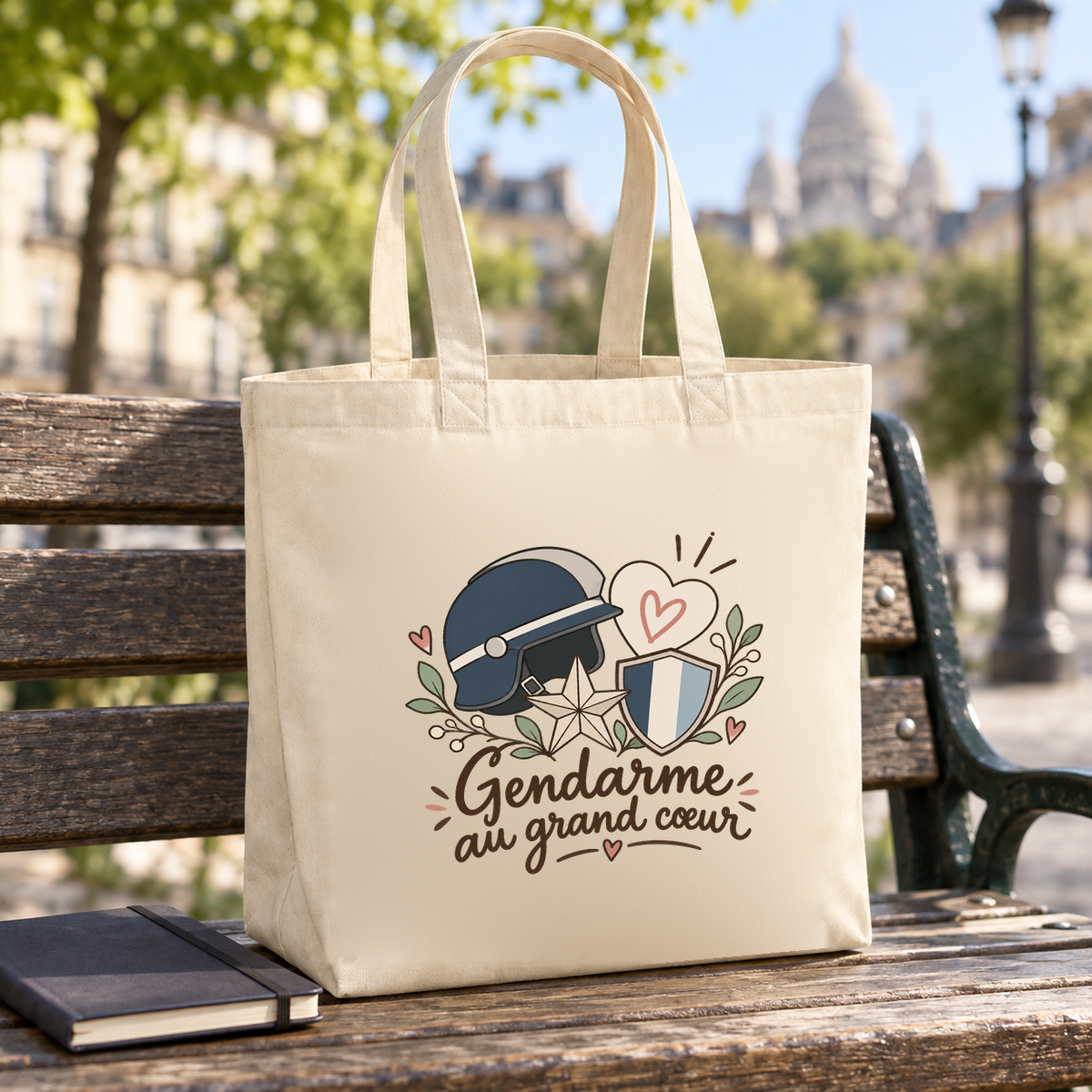 Tote bag gendarme « Gendarme au grand cœur » Premium posé sur un banc en ville, à côté d'un carnet