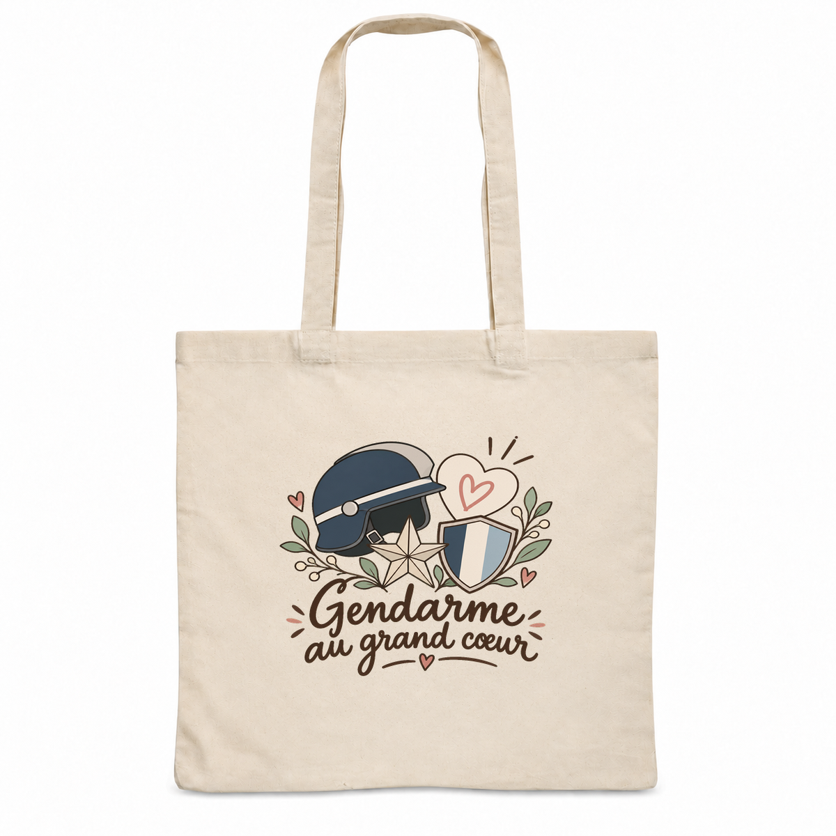 Tote bag gendarme « Gendarme au grand cœur » Essentiel, sac plat en coton naturel 140 g/m² de 38 × 42 cm, illustration bohème d'un casque, d'un cœur, d'une étoile et d'un bouclier