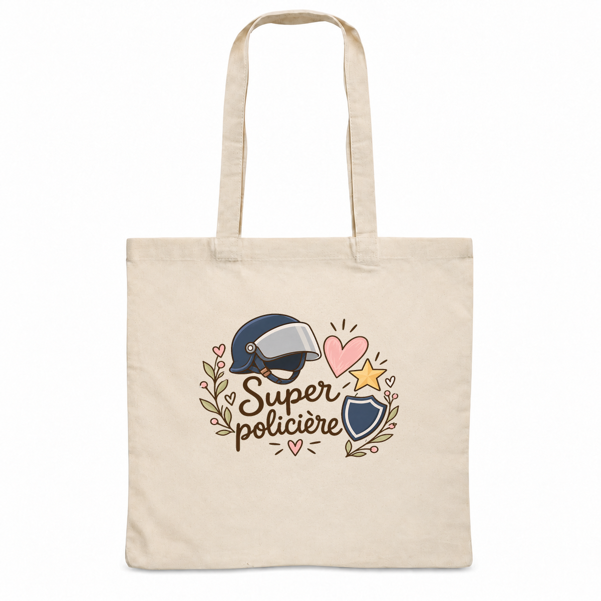 Tote bag policière « Super policière » Essentiel, sac plat en coton naturel 140 g/m² de 38 × 42 cm, illustration bohème d'un casque, d'un cœur, d'une étoile et d'un bouclier
