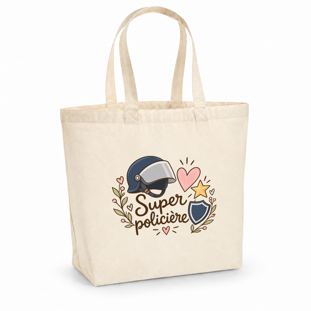 Tote bag policière « Super policière » Premium, cabas à soufflet en coton naturel 200 g/m² de 18 litres, illustration bohème d'un casque, d'un cœur, d'une étoile et d'un bouclier