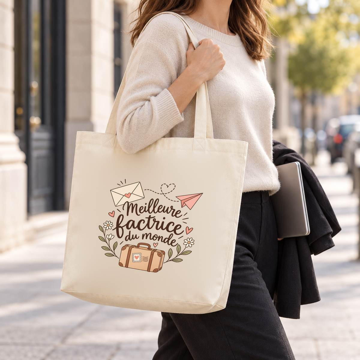 Tote bag factrice « Meilleure factrice du monde » Premium porté à l'épaule dans la rue, une veste sur le bras