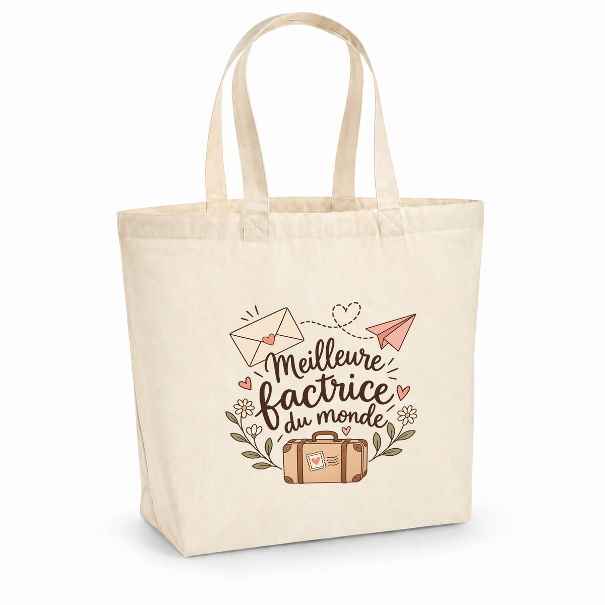 Tote bag factrice « Meilleure factrice du monde » Premium, cabas à soufflet en coton naturel 200 g/m² de 18 litres, illustration bohème d'une enveloppe, d'un avion en papier et d'une petite valise