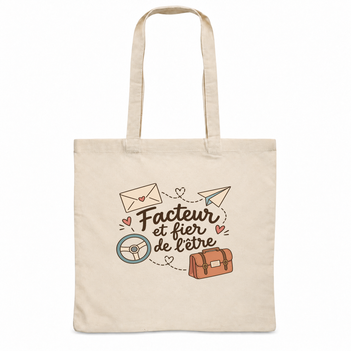 Tote bag facteur « Facteur et fier de l'être » Essentiel, sac plat en coton naturel 140 g/m² de 38 × 42 cm, illustration bohème d'une enveloppe, d'un avion en papier, d'un volant et d'une sacoche