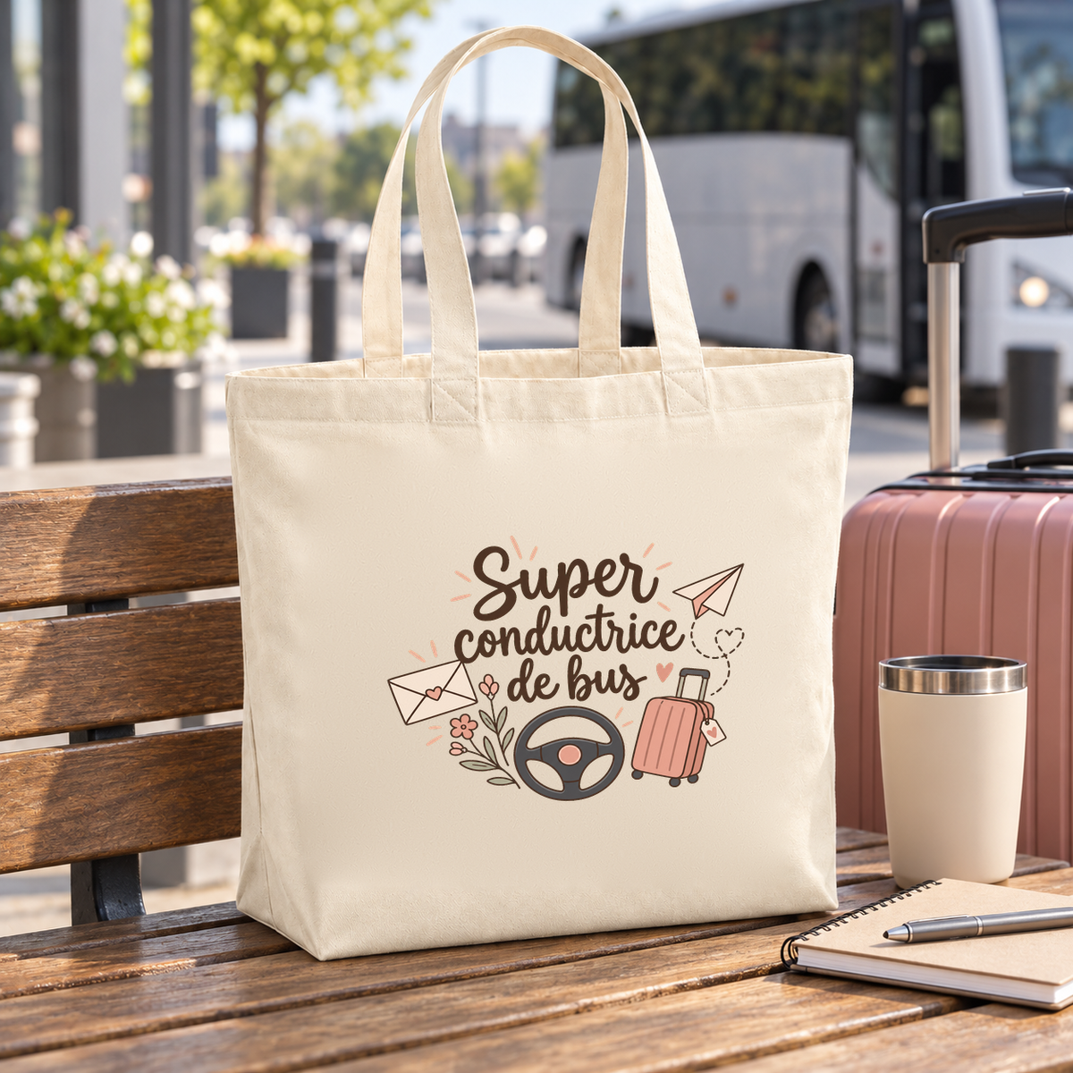 Tote bag conductrice de bus « Super conductrice de bus » Premium posé sur un banc, à côté d'une valise rose et d'un gobelet