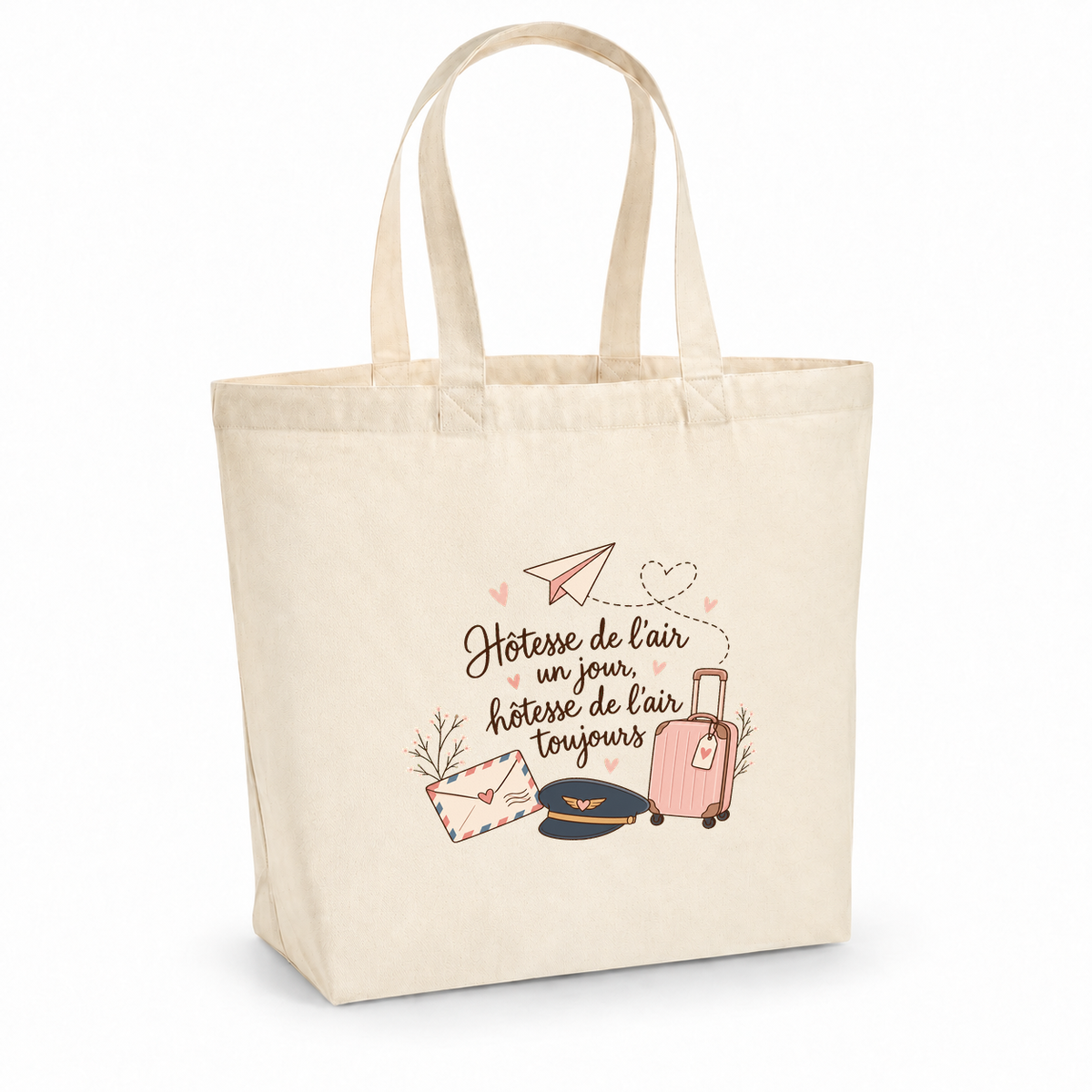 Tote bag hôtesse de l'air Premium, cabas à soufflet en coton naturel 200 g/m² de 18 litres, illustration bohème d'une casquette d'aviateur, d'une valise à roulettes et d'un avion en papier
