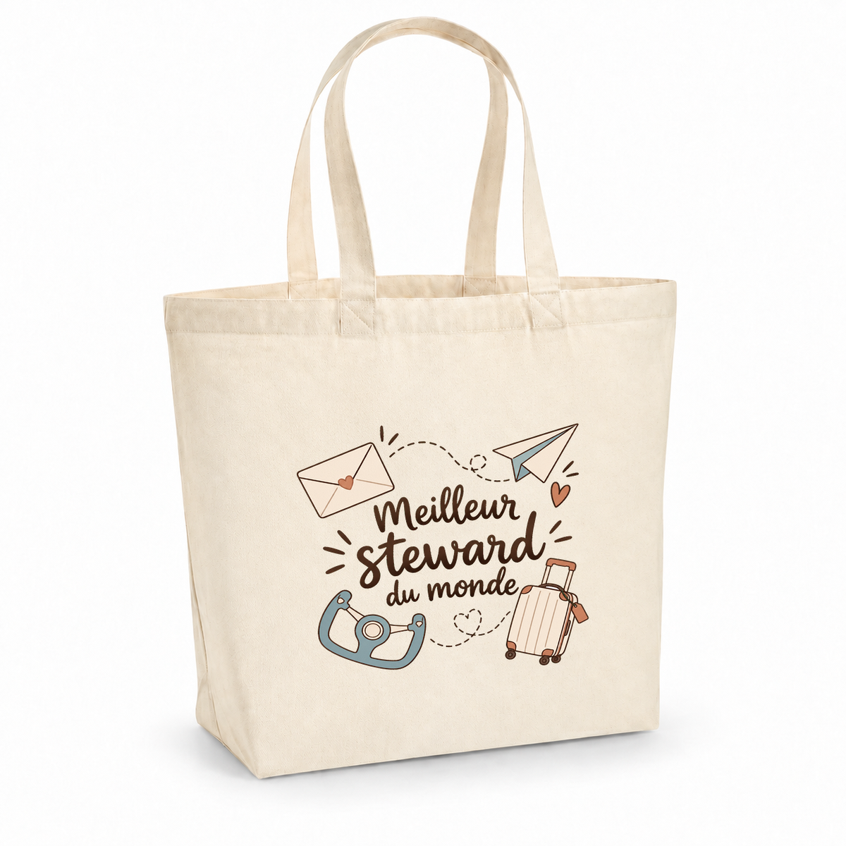 Tote bag steward « Meilleur steward du monde » Premium, cabas à soufflet en coton naturel 200 g/m² de 18 litres, illustration bohème d'un manche d'avion, d'une valise, d'une enveloppe et d'un avion en papier