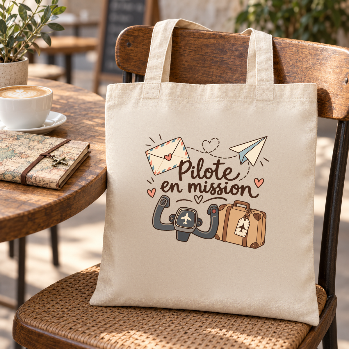 Tote bag pilote « Pilote en mission » Essentiel suspendu à une chaise de café, à côté d'un carnet