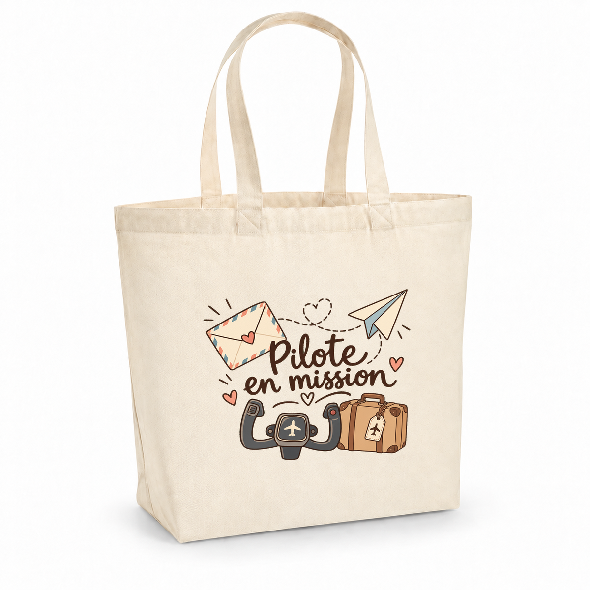 Tote bag pilote « Pilote en mission » Premium, cabas à soufflet en coton naturel 200 g/m² de 18 litres, illustration bohème d'un manche d'avion, d'une valise, d'une enveloppe et d'un avion en papier
