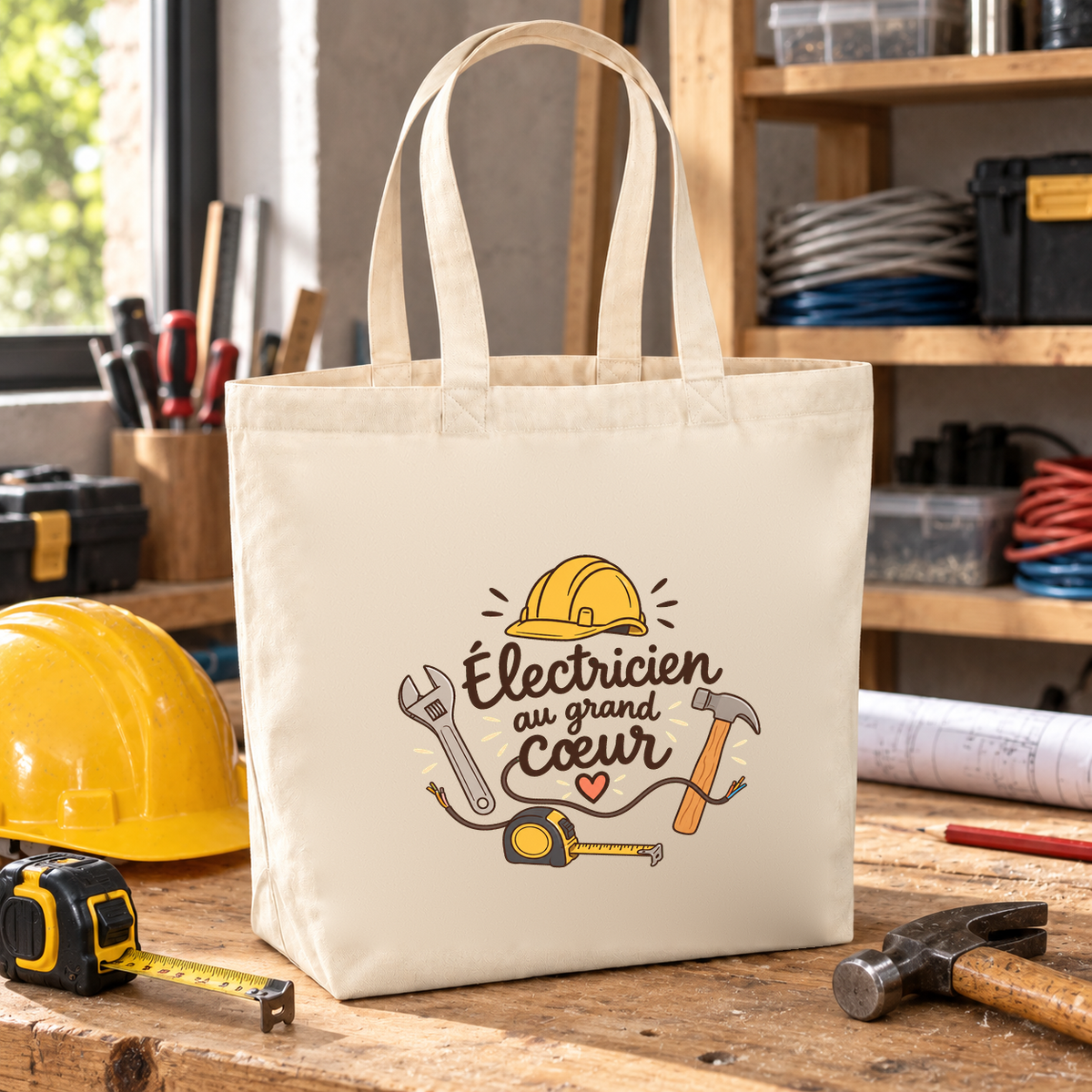Tote bag électricien « Électricien au grand cœur » Premium posé sur un établi, à côté d'un casque de chantier et d'un mètre ruban