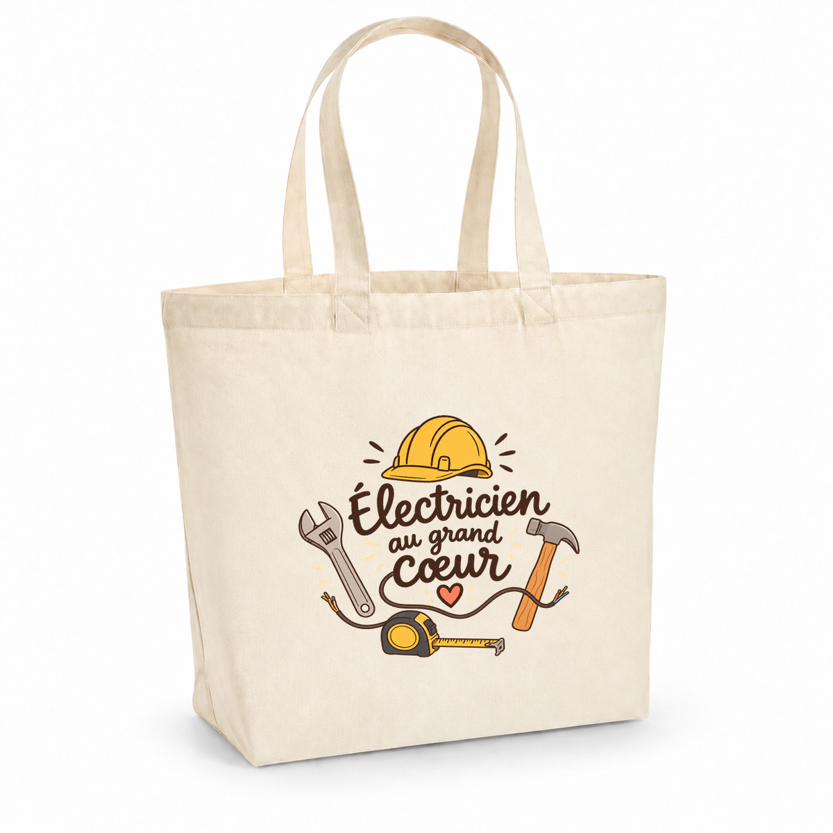 Tote bag électricien « Électricien au grand cœur » Premium, cabas à soufflet en coton naturel 200 g/m² de 18 litres, illustration bohème d'un casque de chantier, d'une clé à molette, d'un marteau, d'un mètre ruban et d'un câble