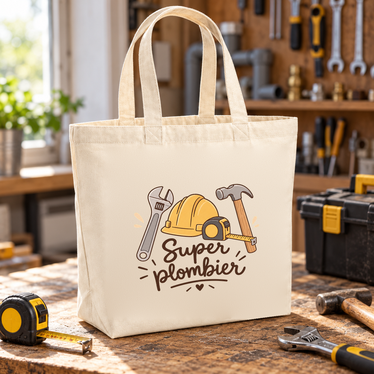 Tote bag plombier « Super plombier » Premium posé sur un établi, à côté d'un mètre ruban et d'outils
