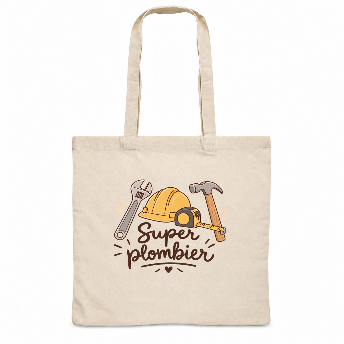 Tote bag plombier « Super plombier » Essentiel, sac plat en coton naturel 140 g/m² de 38 × 42 cm, illustration bohème d'un casque de chantier, d'une clé à molette, d'un marteau et d'un mètre ruban