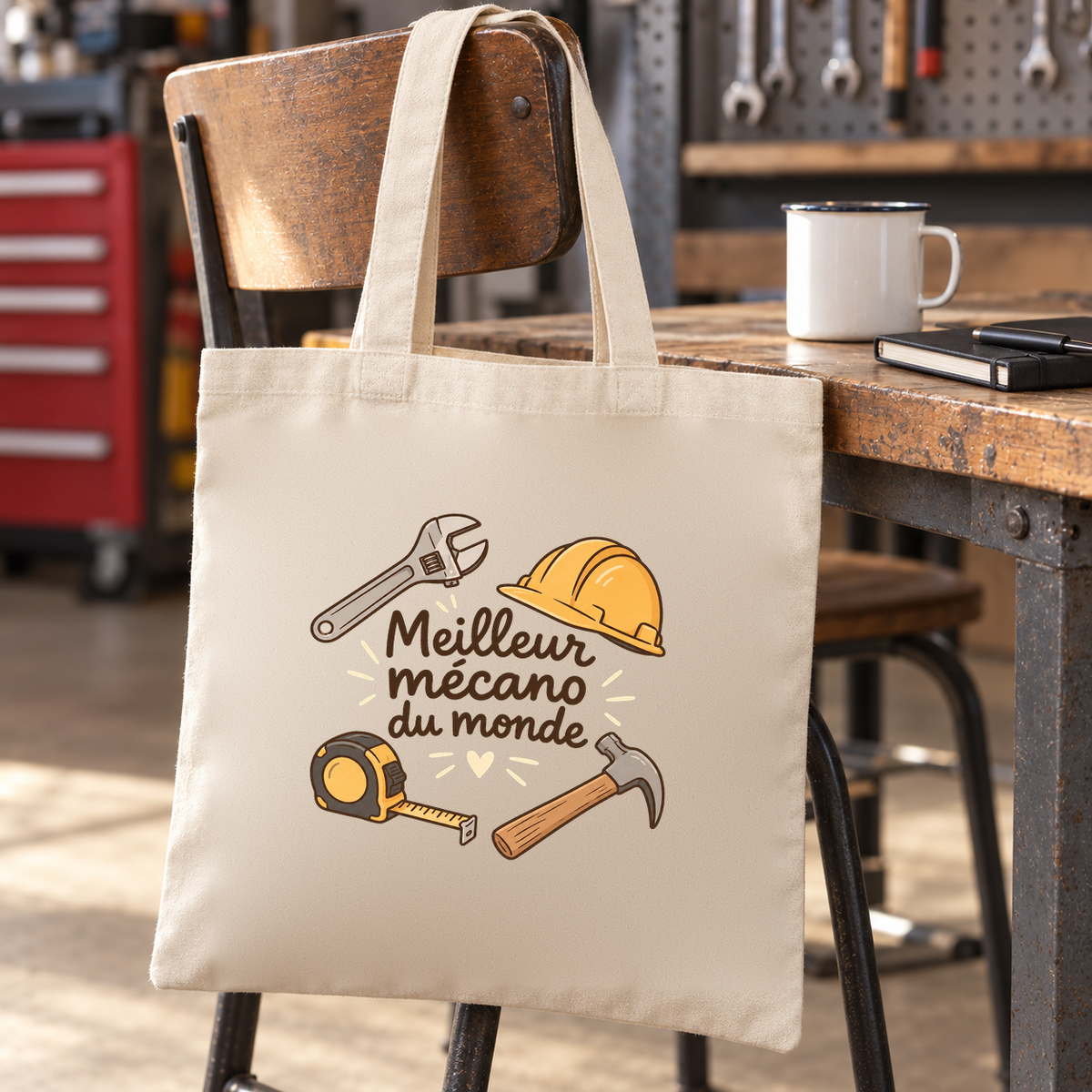 Tote bag mécanicien « Meilleur mécano du monde » Essentiel suspendu à une chaise du garage, à côté d'une tasse